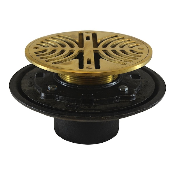 Jones Stephens 4in Heavy Duty No Hub Floor Drain/Shower Drain, 10in Pan, 8in Polished Brass Round Strainer D80211 - main